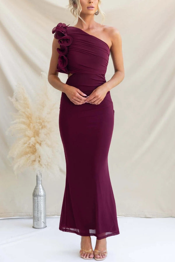 Fashionable Mesh Sleeveless One-shoulder Waist-revealing Maxi Dress
