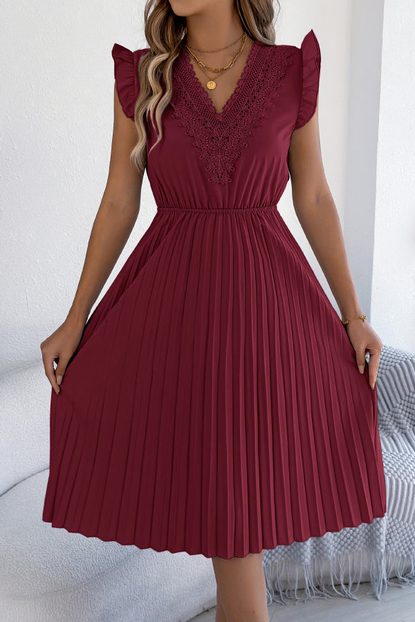 Solid Color V-neck Lace-trimmed Sleeveless Casual Pleated Midi Dress