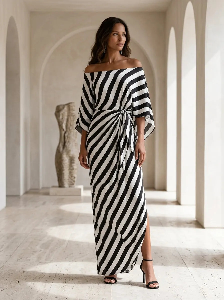 Statement Monochrome Stripe Asymmetric Maxi Dress