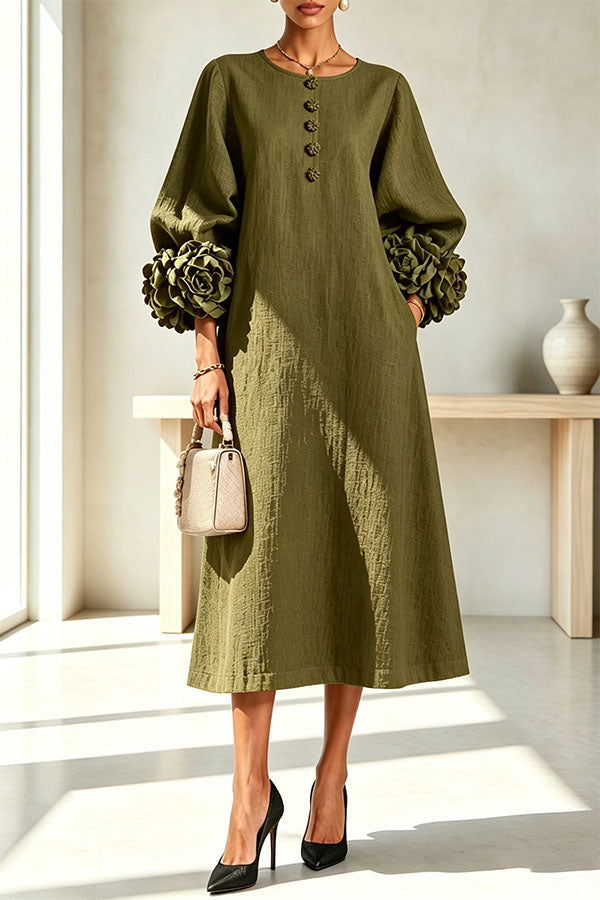 Rima Linen Blend Flowers Button Down Floral Cuffs Half Sleeve Pocket Midi Dress