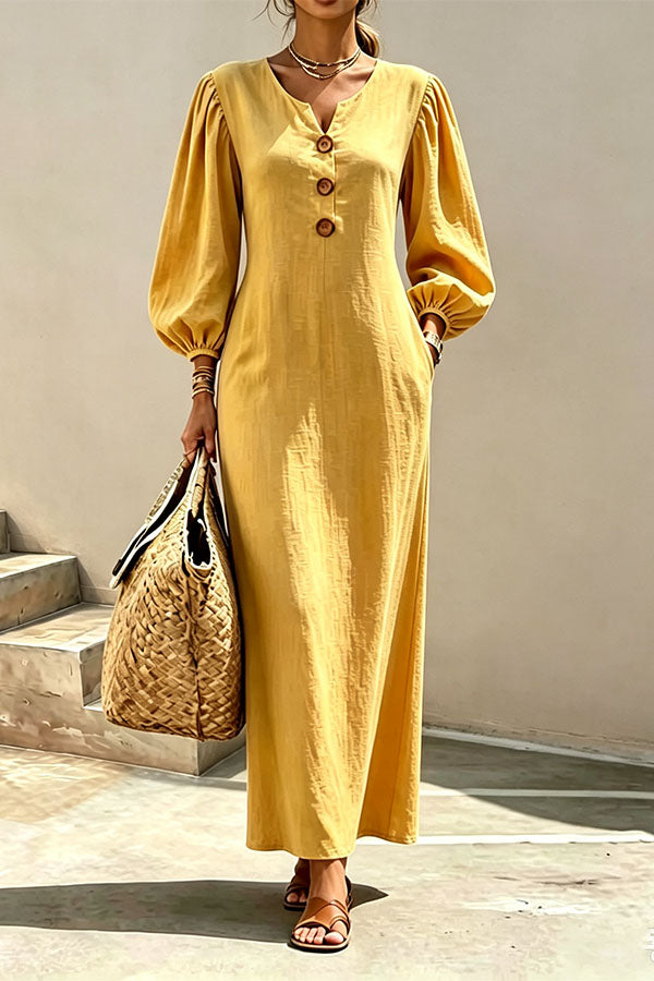 Elegant V-Neck Lantern Sleeve Maxi Dress
