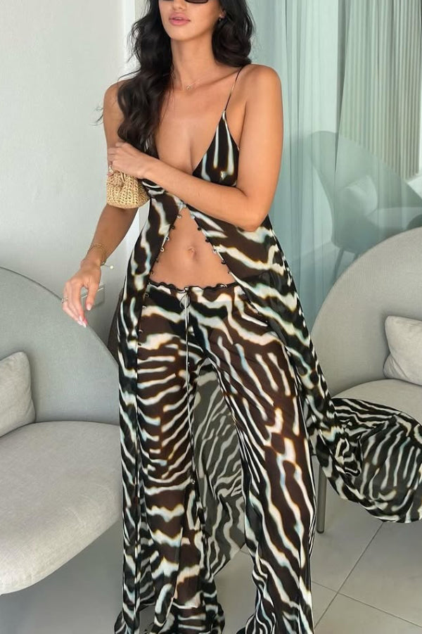 Zebra Print V-neck Camisole Long Mesh Top