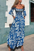 Street vacation style ethnic print off shoulder pocket long skirt