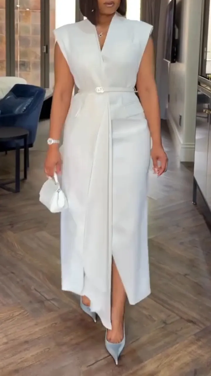 Women V-neck Solid Color Casual Dress with Temperament