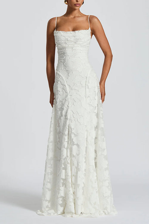Spaghetti Strap Backless Lace-up Jacquard Maxi Dress