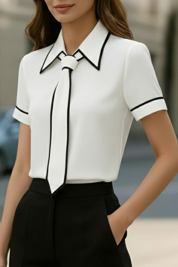 Stylish Color-blocked Trim Collared Short-sleeved Casual Shirt