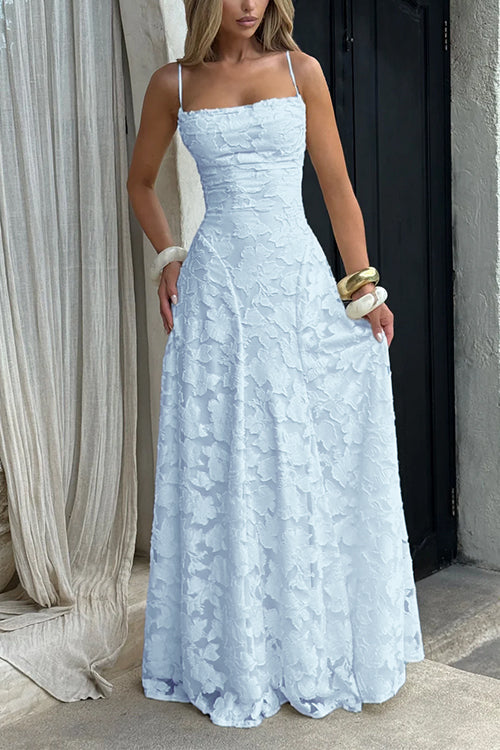 Spaghetti Strap Backless Lace-up Jacquard Maxi Dress