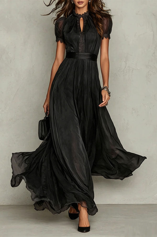 Elegant Lace Trim Keyhole Puff Sleeve Flowing Chiffon Maxi Dress