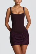 Cornelia Square Neck Back Lace-up Satin Drape Hem Mini Dress