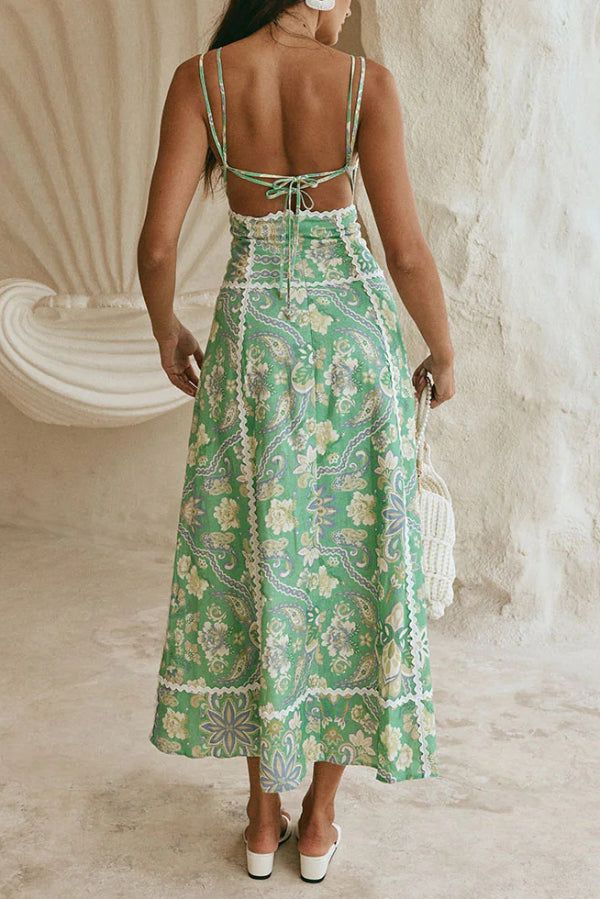 Linen Blend Unique Print V-neck Sleeveless Cutout Waist-cinching Maxi Dress