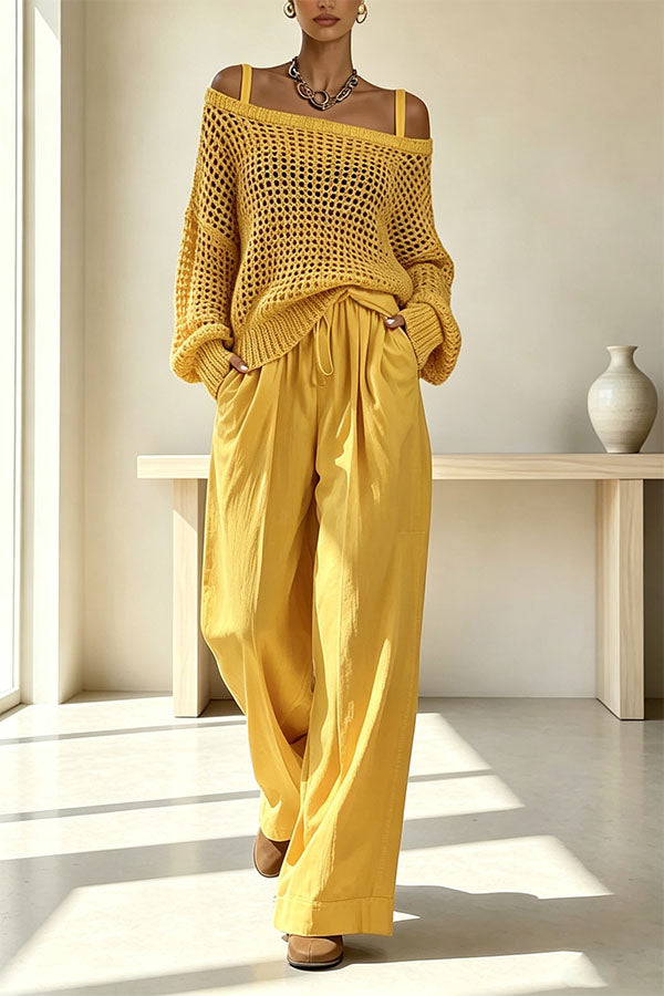 Cutout Knit Long Sleeve Top and Linen Blend Elastic Waist Pocket Pants Set