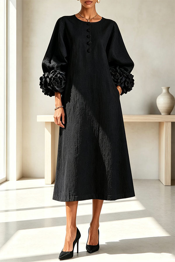 Rima Linen Blend Flowers Button Down Floral Cuffs Half Sleeve Pocket Midi Dress