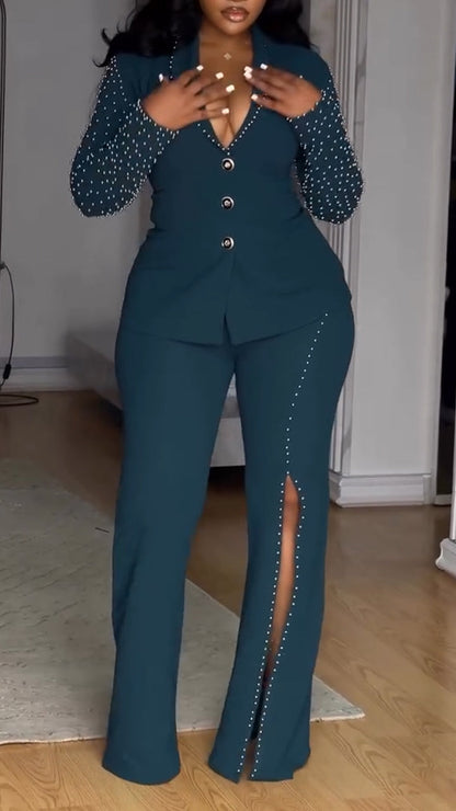 Women Deep V-neck Nail Pearl Jacket+ Pants Temperament Commuting Suit