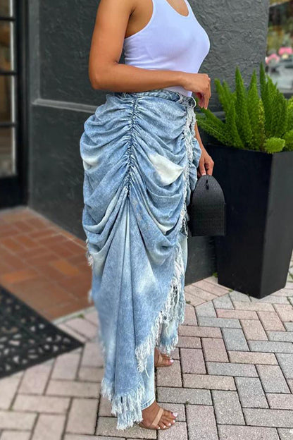 Women Patchwork Washed Tassel Casual Jeans