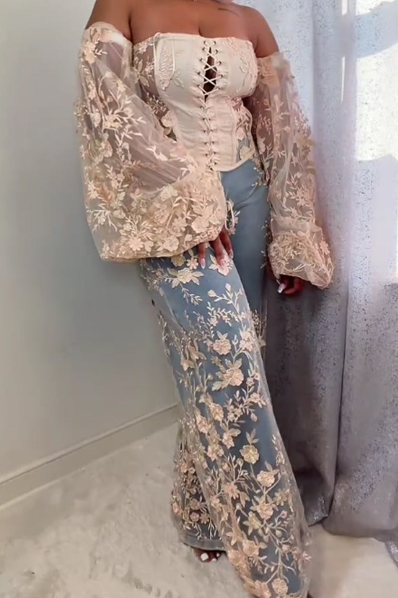 Women's Elegant Lace Up Embroidered Puff Sleeve Top Or Embroidered Wide Leg Jeans