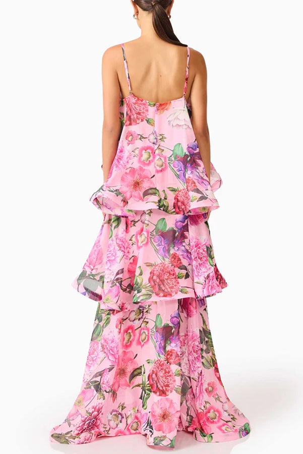 Armani Georgette Fabric Floral Print Tiered Slip Square Neck A-line Maxi Dress