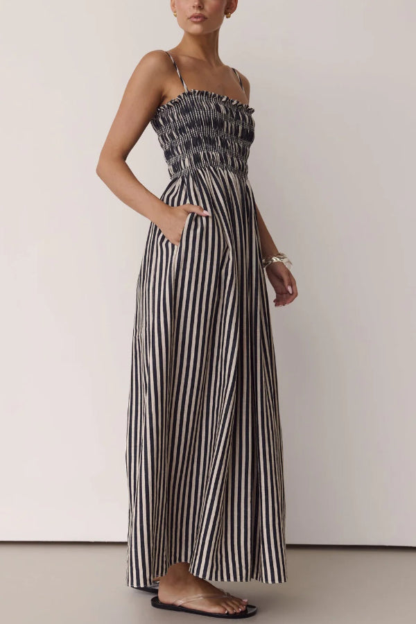 Striped Print Spaghetti Strap Pleated Pocket Casual Vacation Maxi Dress