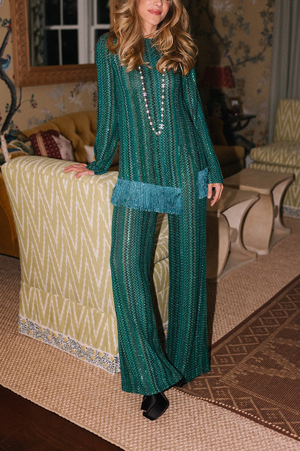 Relaxing Time Knit Zigzag Pattern Tassel Trim Slit Top and Wide Leg Pants Set