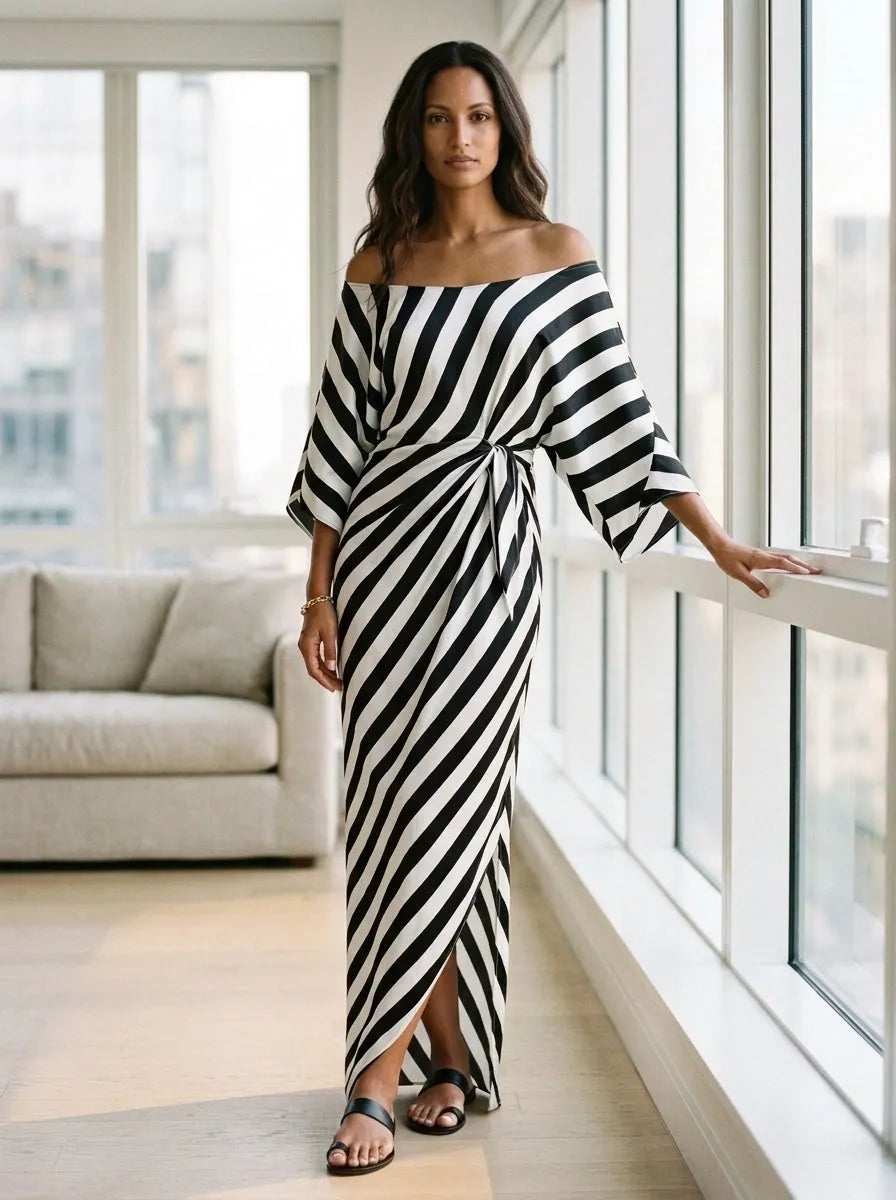 Statement Monochrome Stripe Asymmetric Maxi Dress