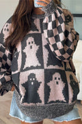 Halloween Ghost & Checkerboard Oversized Knit Sweater