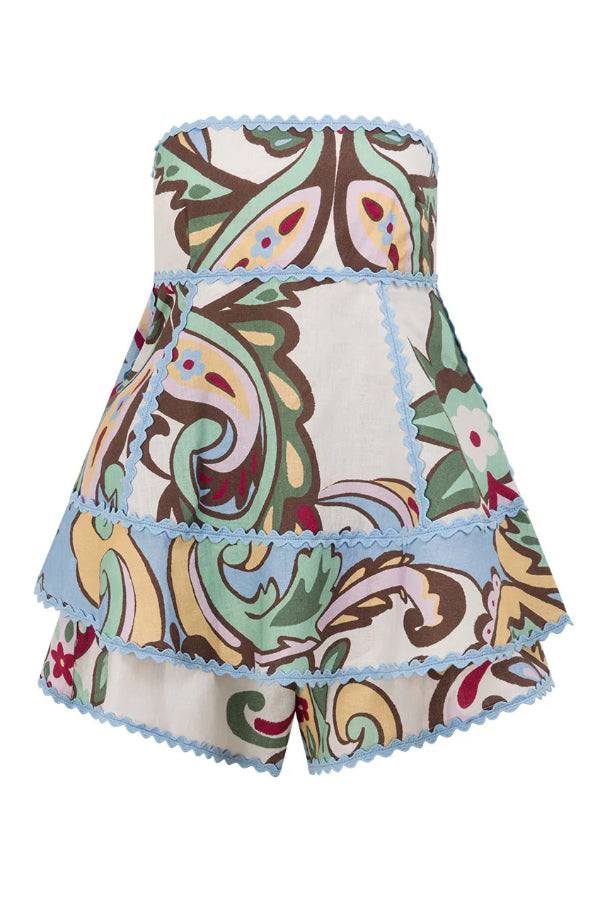 Unique Botanical Print Serrated Trim Sleeveless Off Shoulder Top and Elastic Waist Casual Shorts Set