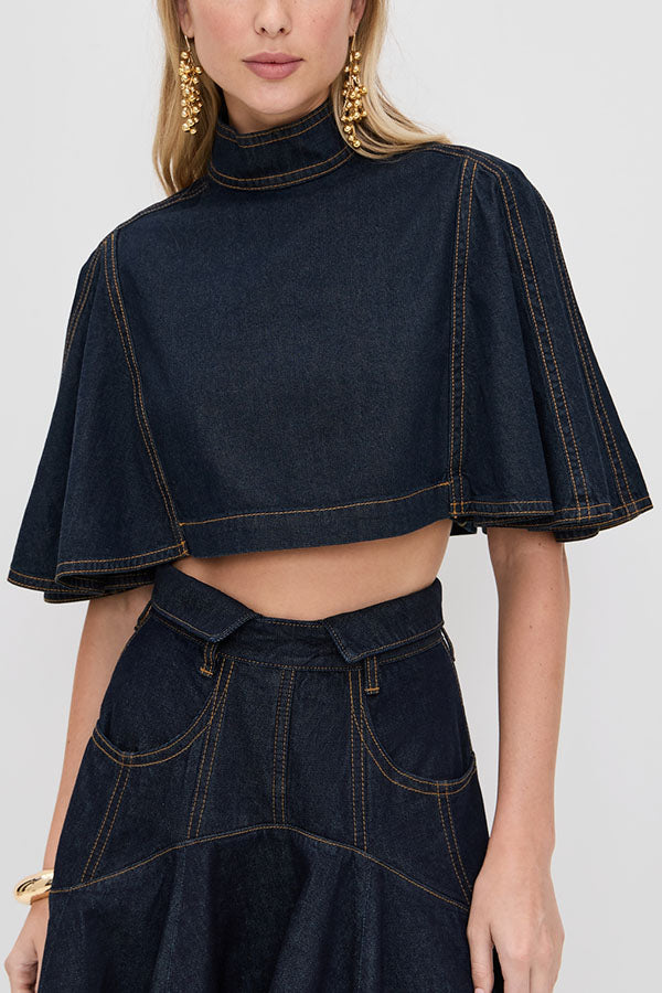 Next Vacation Denim Mock Neck Short Flutter Sleeves Crop Top