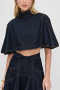 Next Vacation Denim Mock Neck Short Flutter Sleeves Crop Top