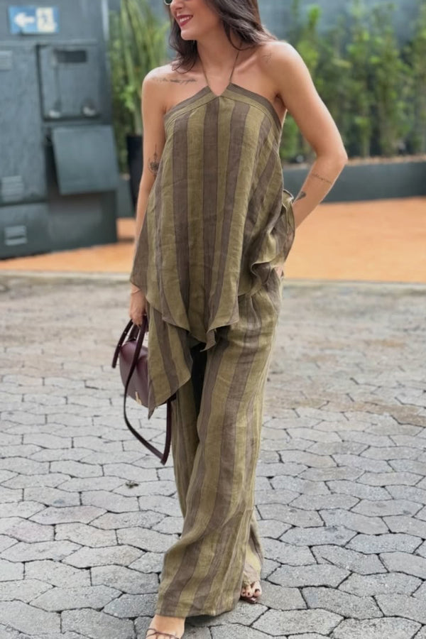 Striped Printed Halter Neck Sleeveless Asymmetrical Top and Elastic Waist Pocket Casual Wide-leg Pants Set
