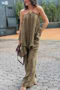 Striped Printed Halter Neck Sleeveless Asymmetrical Top and Elastic Waist Pocket Casual Wide-leg Pants Set