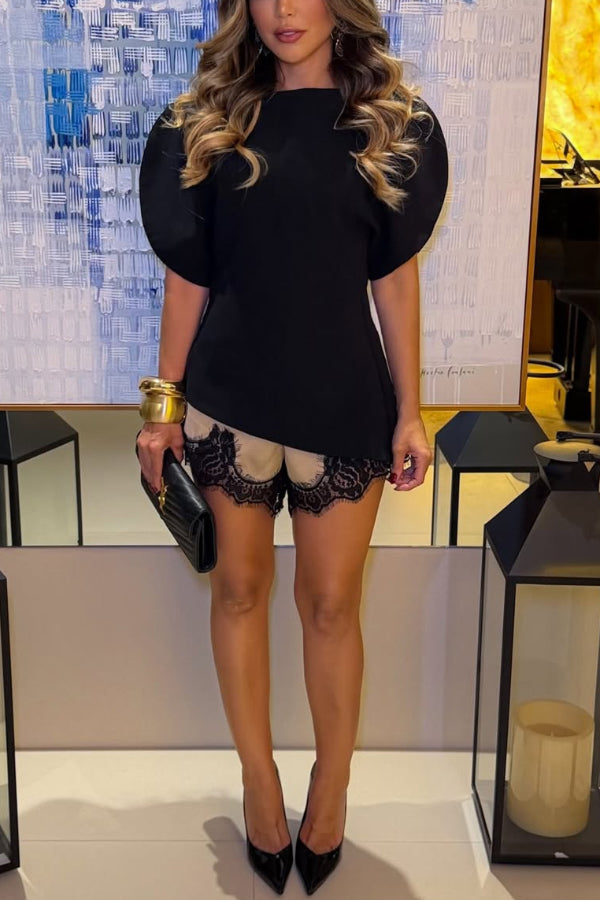 Fashionable Puff-sleeved Waist-cinching Asymmetrical Top