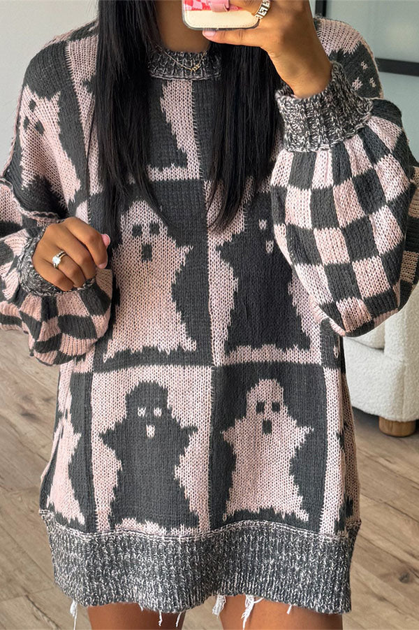 Halloween Ghost & Checkerboard Oversized Knit Sweater