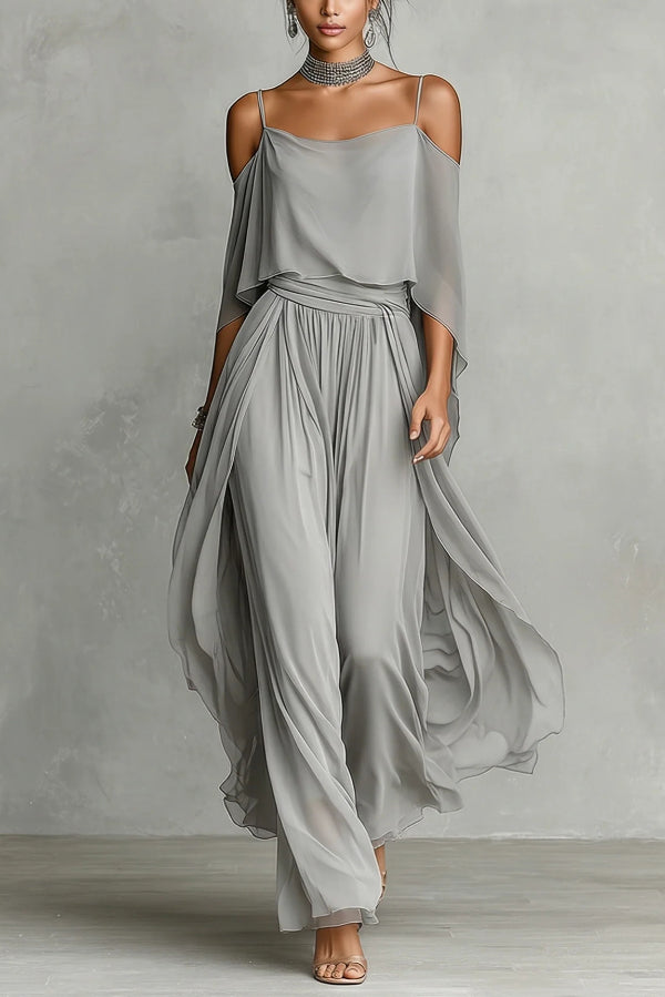Solid Color Chiffon Off-shoulder Camisole Top and Casual Wide-leg Pants Set