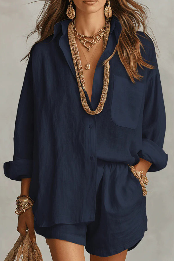 Linen Blend Loose-fitting Long-sleeved Collared Shirt and Elastic Waist Casual Pocket Shorts Set