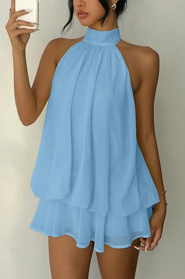 Fashionable Chiffon Halter Neck Backless Lace-up Casual Vacation Mini Dress