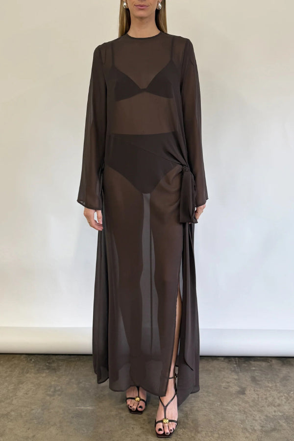 Fashionable Mesh See-through Round Neck Long Sleeve Tie Bow Slit Maxi Dress