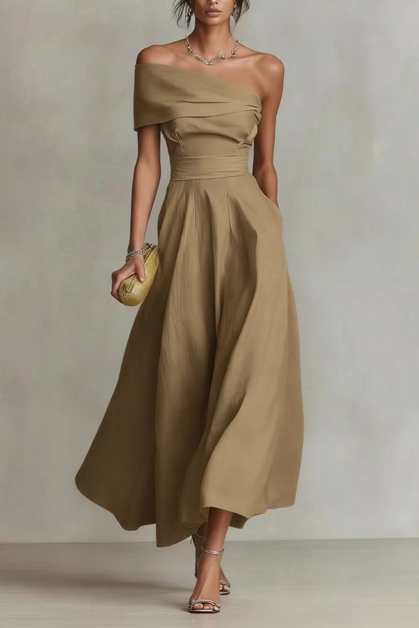 Chic One-Shoulder A-Line Midi Dress with Pockets