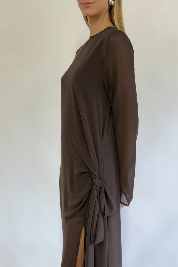 Fashionable Mesh See-through Round Neck Long Sleeve Tie Bow Slit Maxi Dress