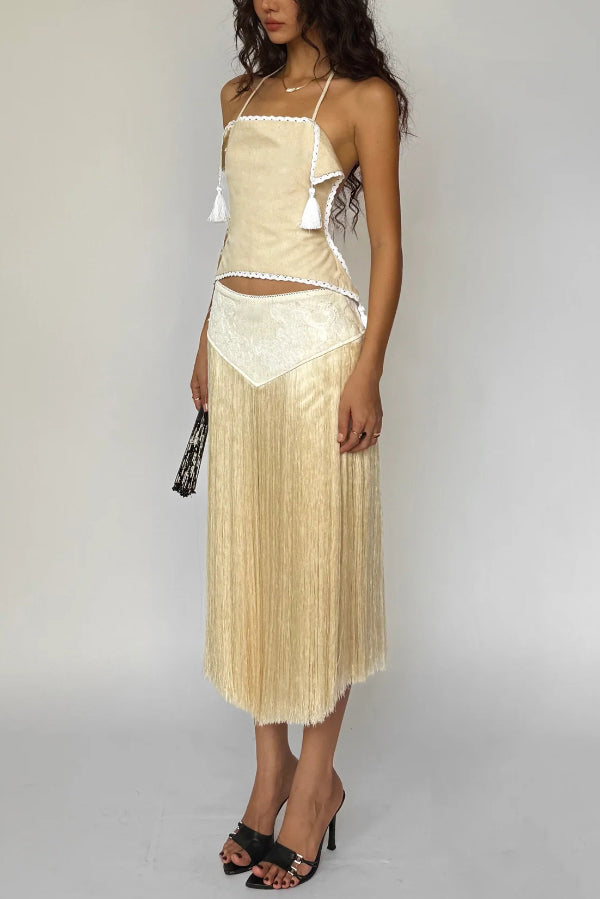 Stylish Halter Neck Lace Up Tassel Pendant Backless Top