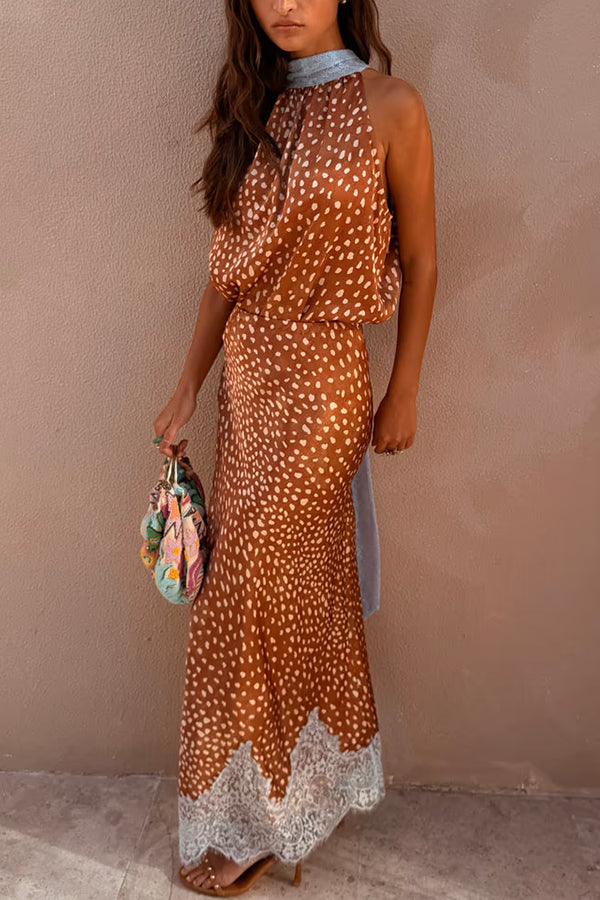 Stunning Fawn Print Contrast Color Satin Lace Trim Mid Rise Maxi Skirt
