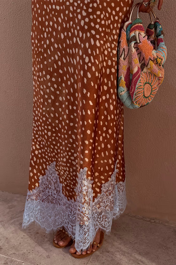 Stunning Fawn Print Contrast Color Satin Lace Trim Mid Rise Maxi Skirt