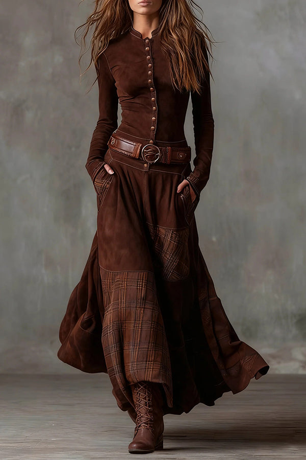 Retro-style Patchwork Single-breasted Long-sleeved Casual Pocket Maxi Dress