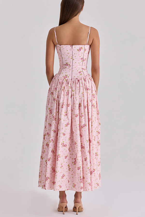 Romantic Countryside Stretch Cotton Blend Floral Print Cutout Trim Slip Midi Dress