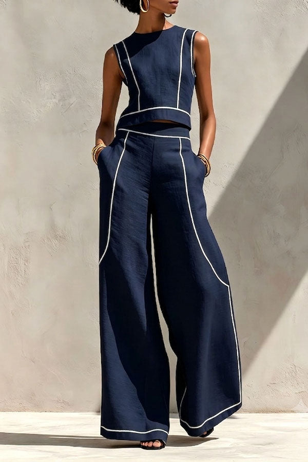 Elysia Contrast-Stitch Linen Two-Piece Set