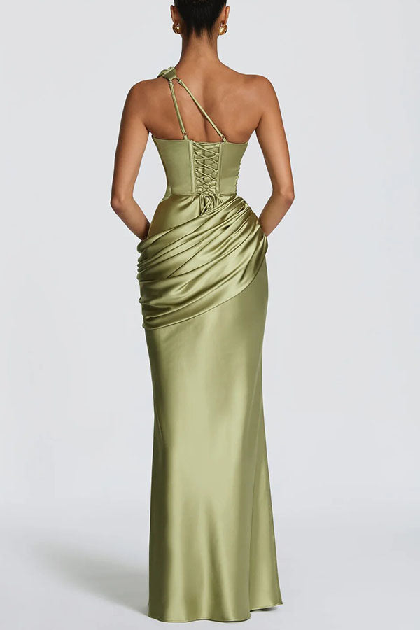 Emina Satin One Shoulder Asymmetrical Neck Cutout Back Lace-up Drape Maxi Dress (red)