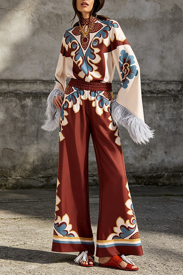 Bohemian Dreams Unique Print Elastic Waist Pocket Wide Leg Pants