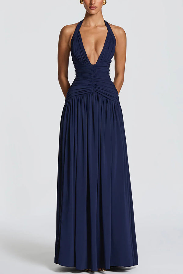 Amaris Halter Tie-up V-neck Ruched Detail Back Lace-up Slit Drape Maxi Dress