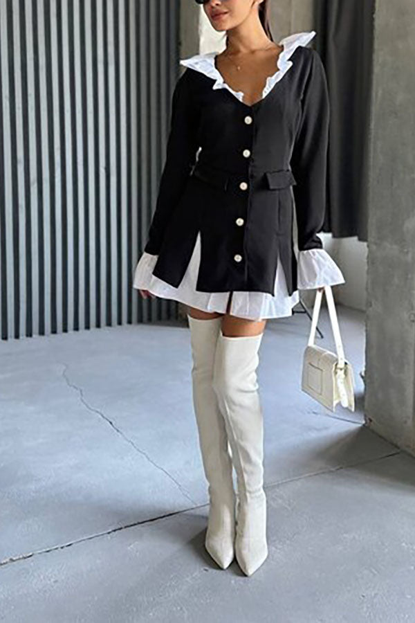 Altair Contrast Ruffled Shirt Patchwork Button Pleated Blazer Mini Dress
