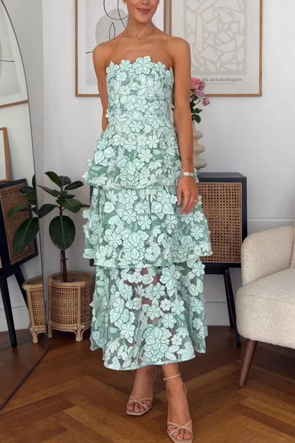 Cocktail Events 3D Embroidery Floral Detail Off Shoulder Tiered Hem Maxi Dress