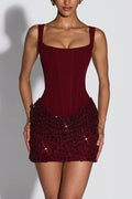 Yeona Square Neck Back Lace-up Sequin Embroidery Drape Hem Mini Dress