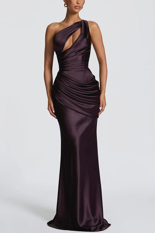 Emina Satin One Shoulder Asymmetrical Neck Cutout Back Lace-up Drape Maxi Dress (red)